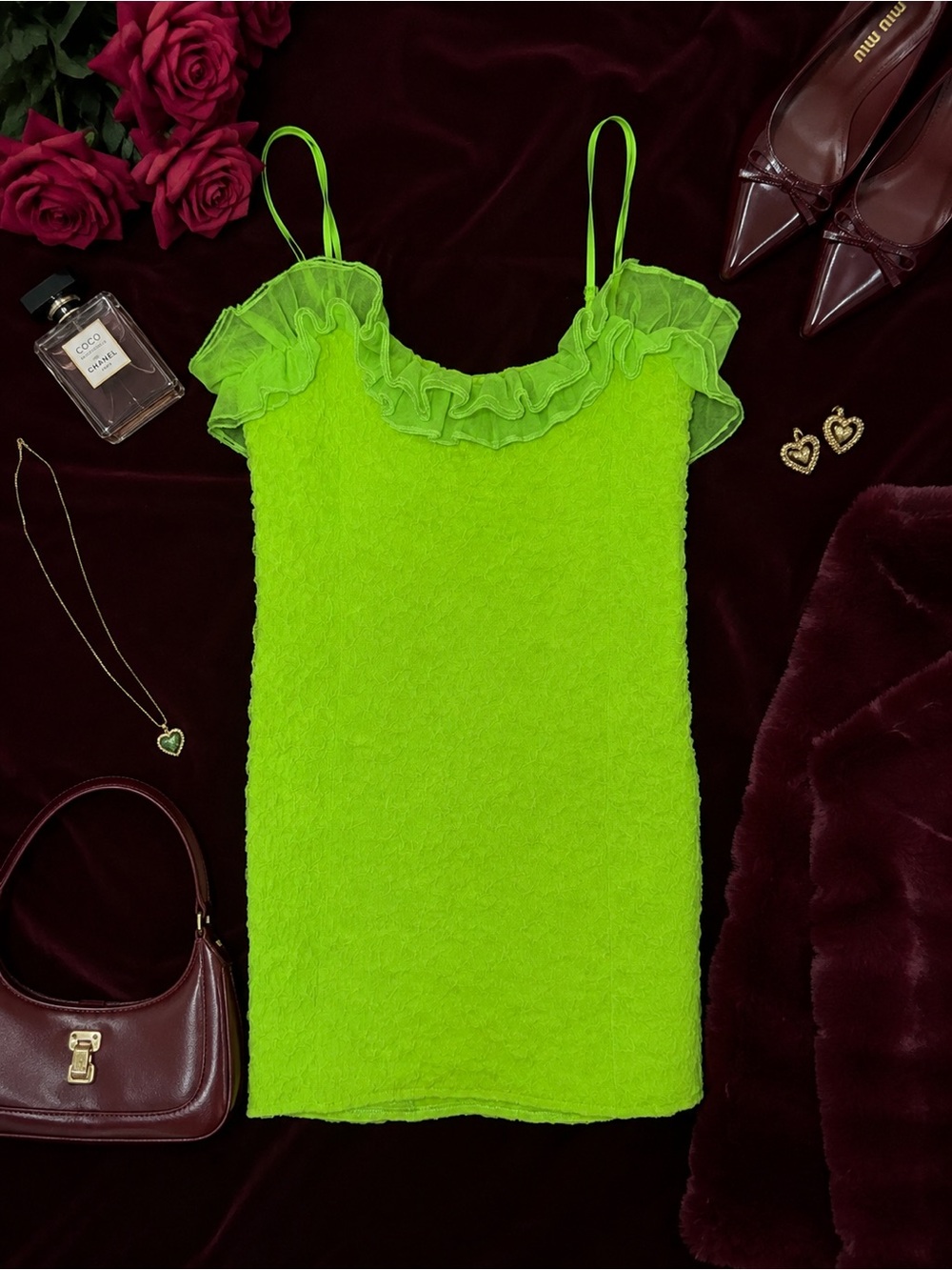 Neon Green Ruffle-Trim Spaghetti Strap Camisole